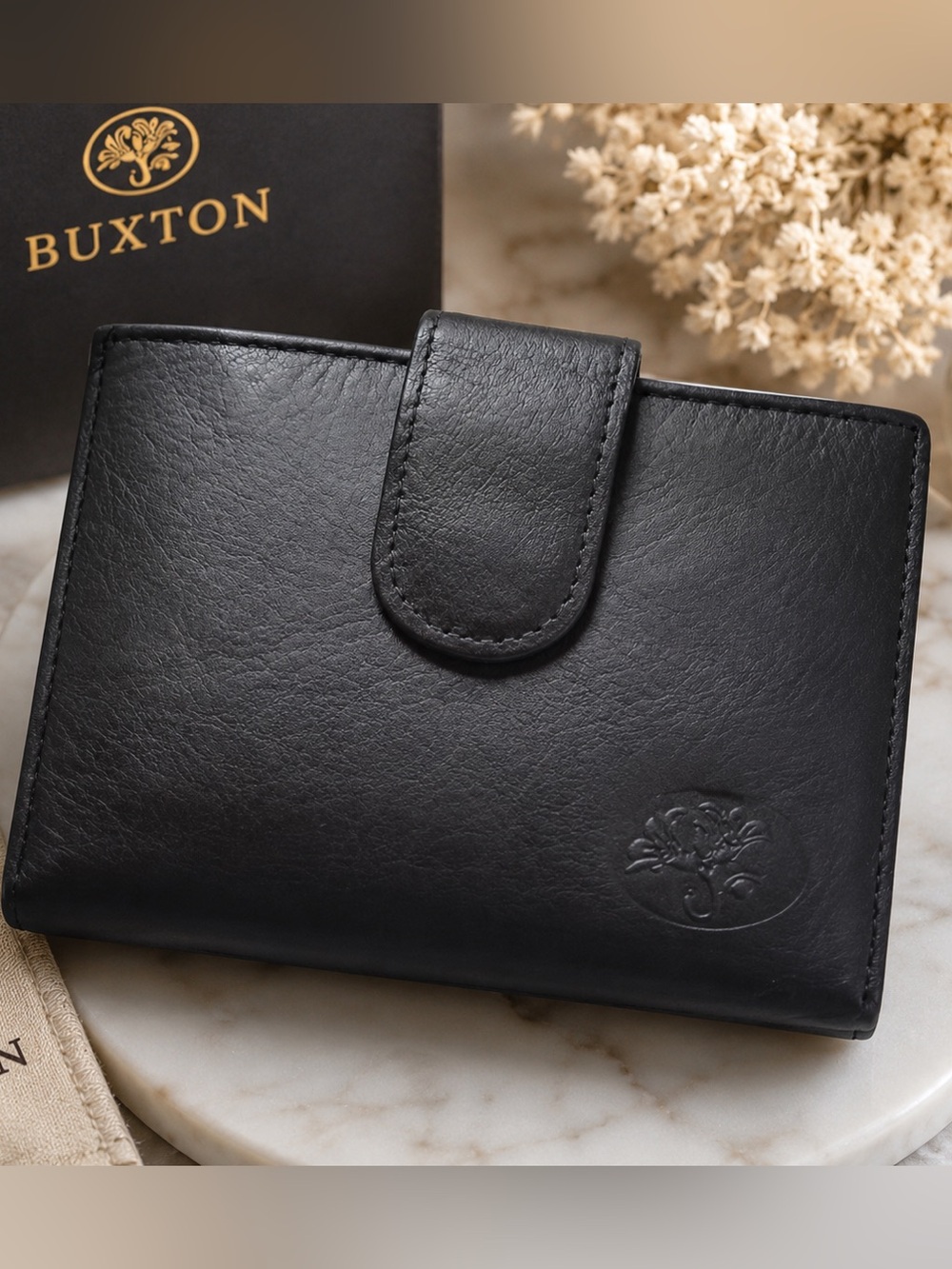 Buxton Black Leather Snap-Tab Wallet with Embossed Logo